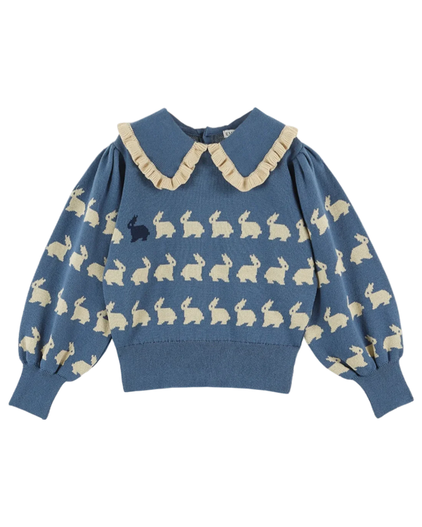 Emile & Ida - Pull jacquard lapin fille coton bio bleu