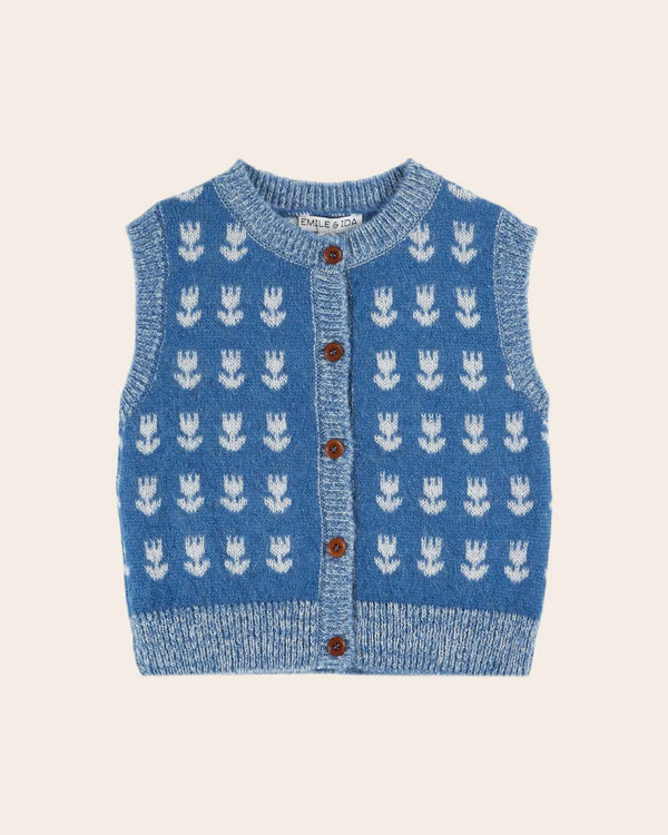 Emile & Ida - Cardigan sans manches tulipes bleu