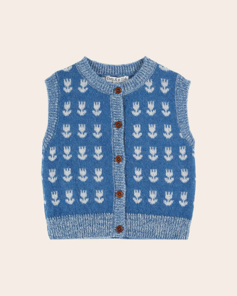 Emile & Ida - Cardigan sans manches tulipes bleu