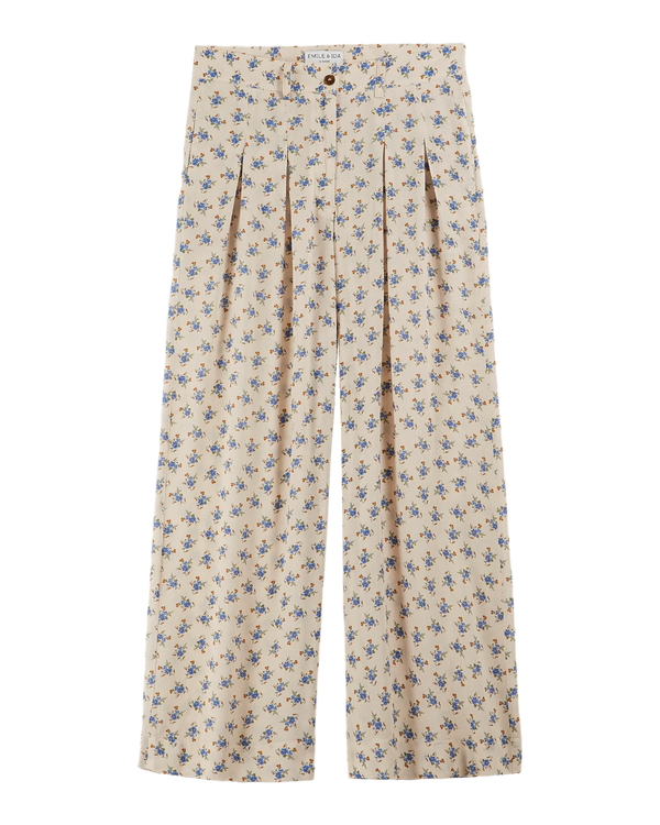 Emile & Ida - Pantalon palazzo écru fleurs bleues