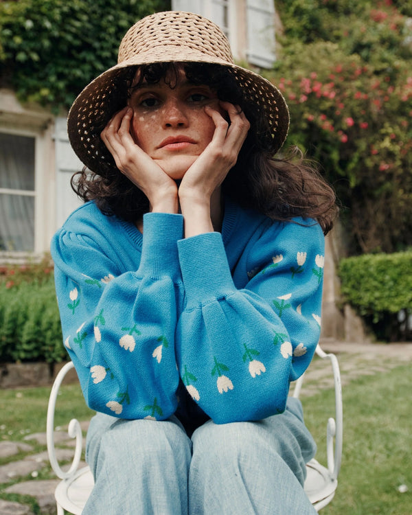 Emile & Ida - Cardigan jacquard à fleurs coton bio bleu