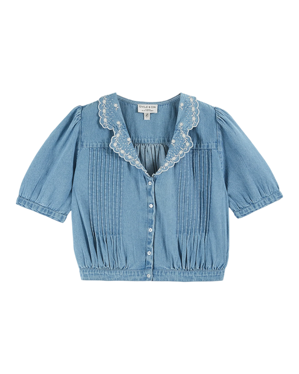 Emile & Ida - Blouse crop denim clair