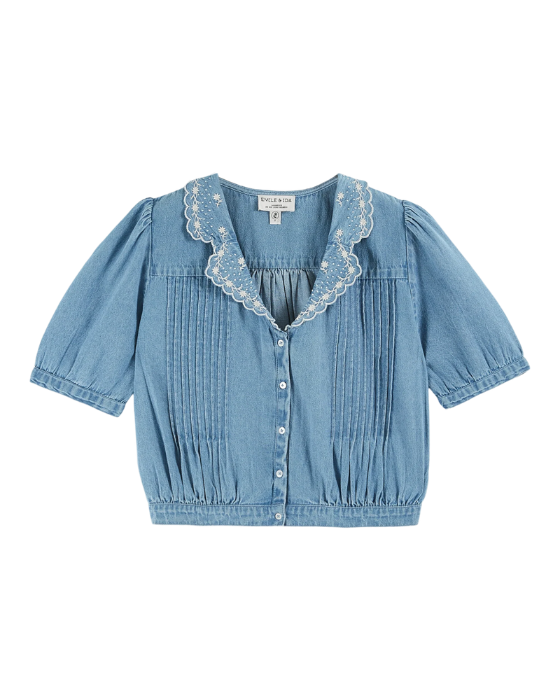 Emile & Ida - Blouse crop denim clair