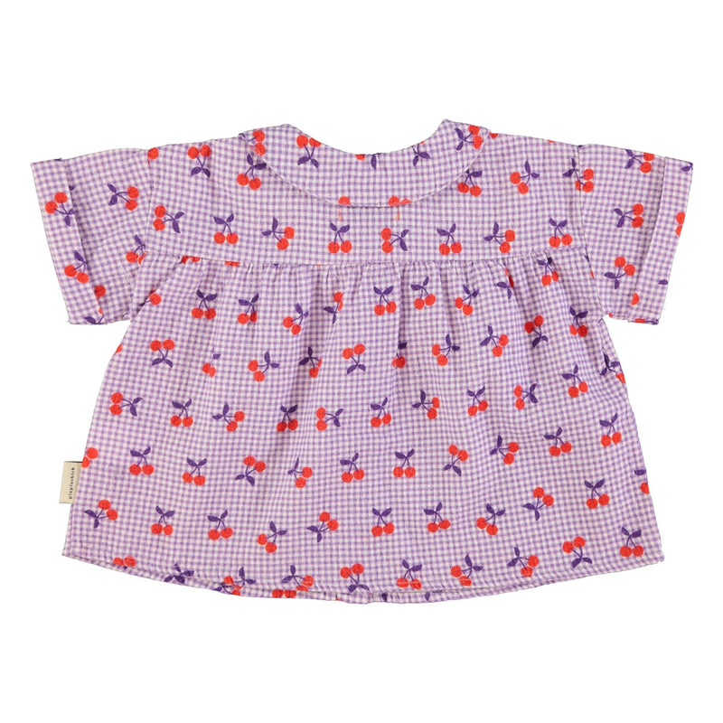 Piupiuchick - peter pan collar shirt purple & white checkered w/ cherries