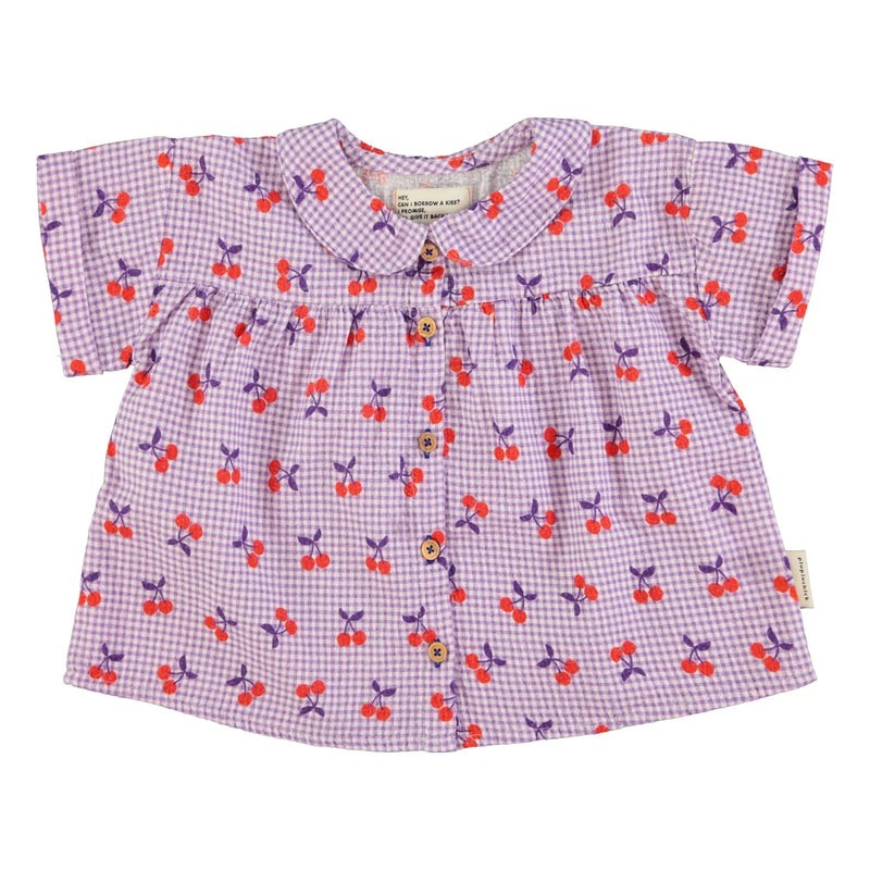 Piupiuchick - peter pan collar shirt purple & white checkered w/ cherries