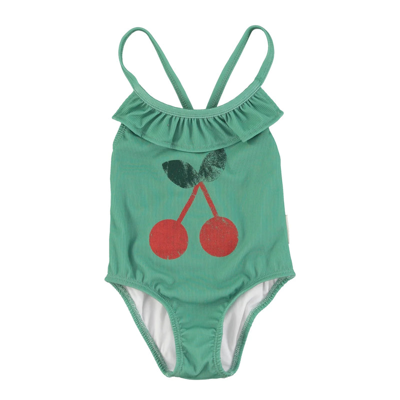 Piupiuchick - swimsuit w/ ruffles | green w/ cherry print bébé